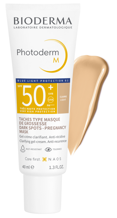 M SPF 50+ Melasma tono claro : Evita y reduce las manchas oscuras faciales debidas al embarazo o por cambios o tratamientos hormonales. Alta cobertura y acabado mate.